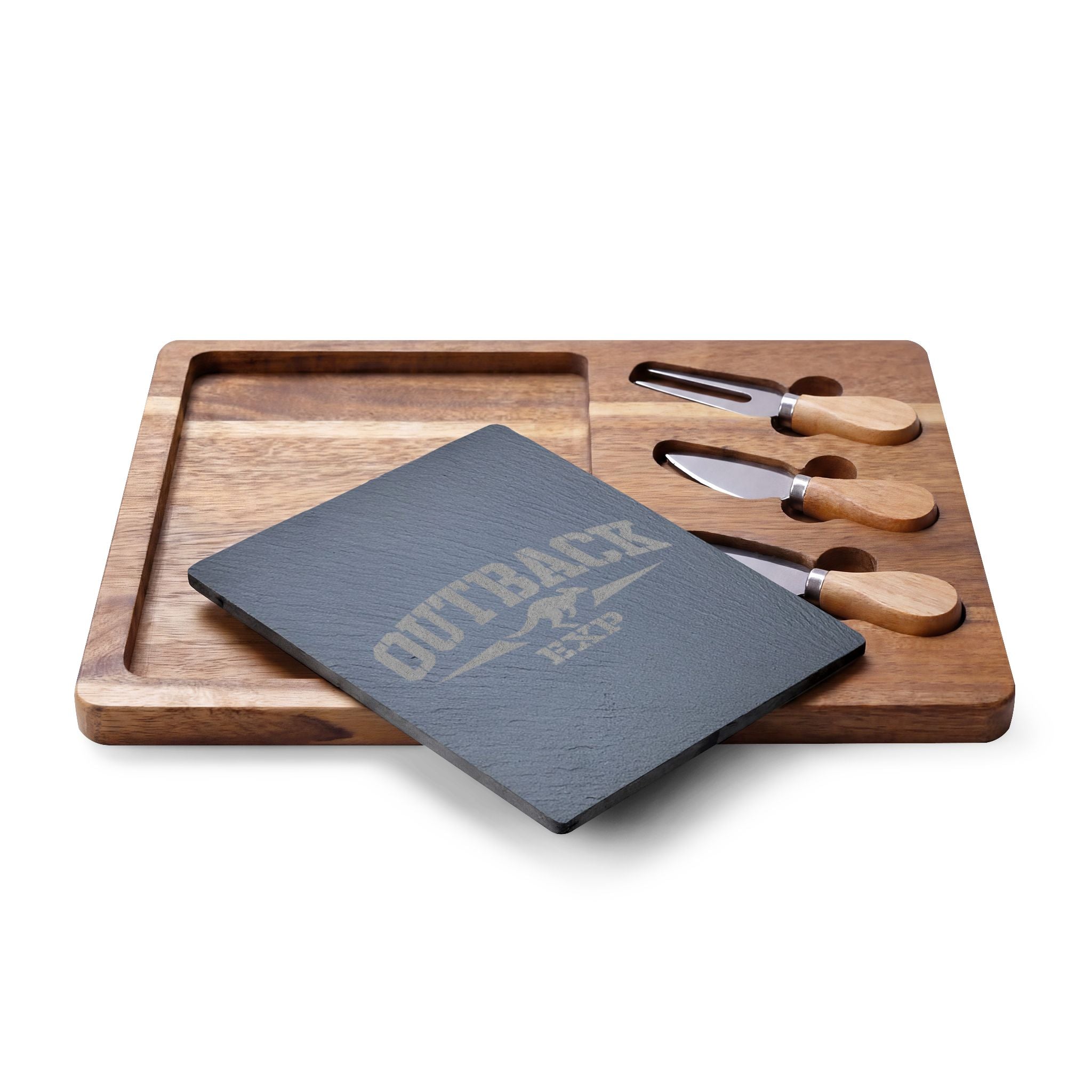 Engraved Acacia Charcuterie Board with Slate Insert & Cheese Tools — 'Outback' Logo