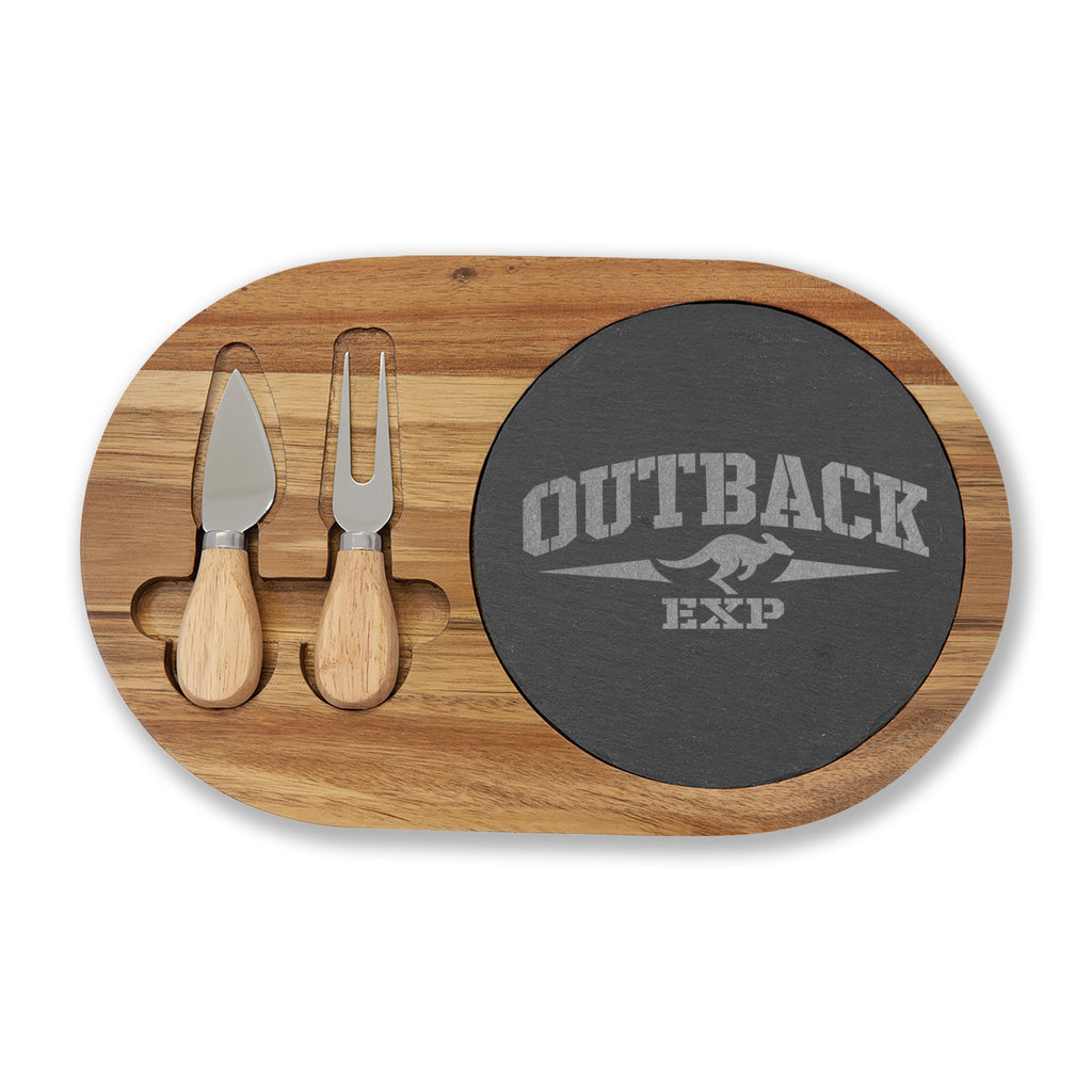 Engraved Acacia Charcuterie Board with Slate Insert & Cheese Tools — 'Outback' Logo