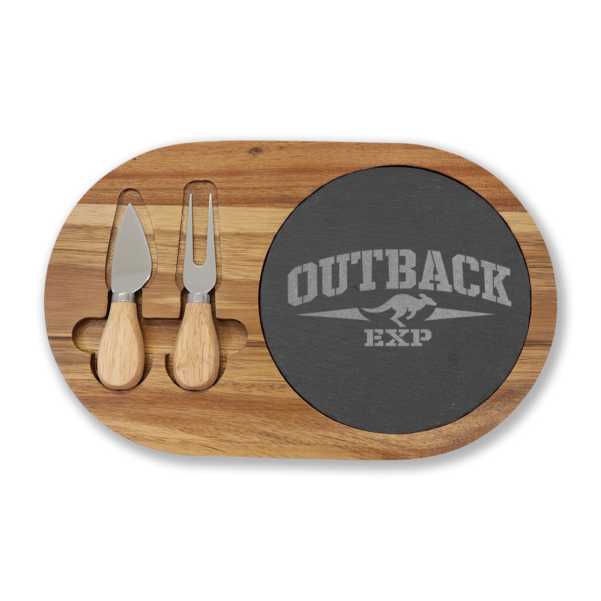 Engraved Acacia Charcuterie Board with Slate Insert & Cheese Tools — 'Outback' Logo