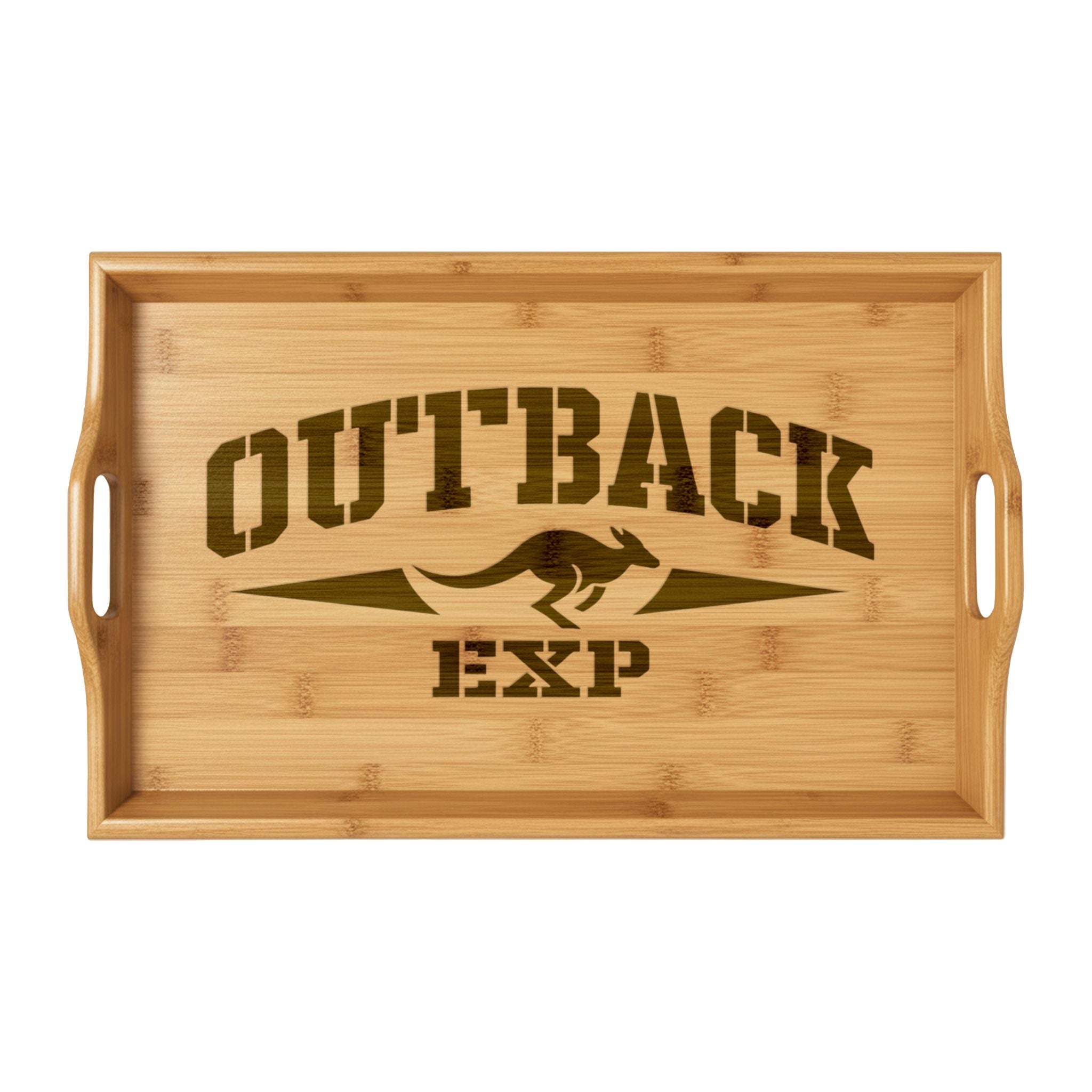 Bamboo Serving Tray — Engraved 'OUTBA EXP' Kangaroo Design