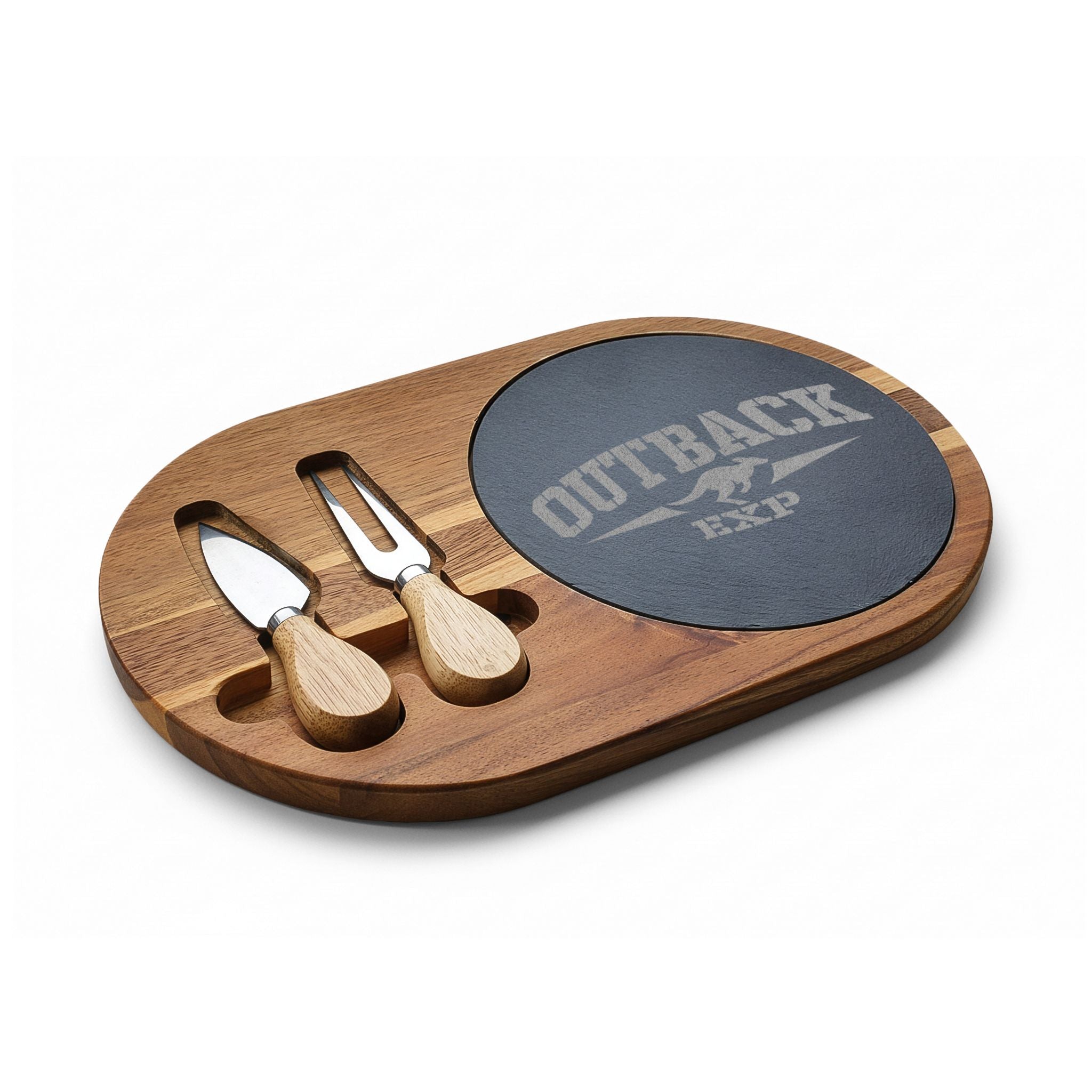 Engraved Acacia Charcuterie Board with Slate Insert & Cheese Tools — 'Outback' Logo