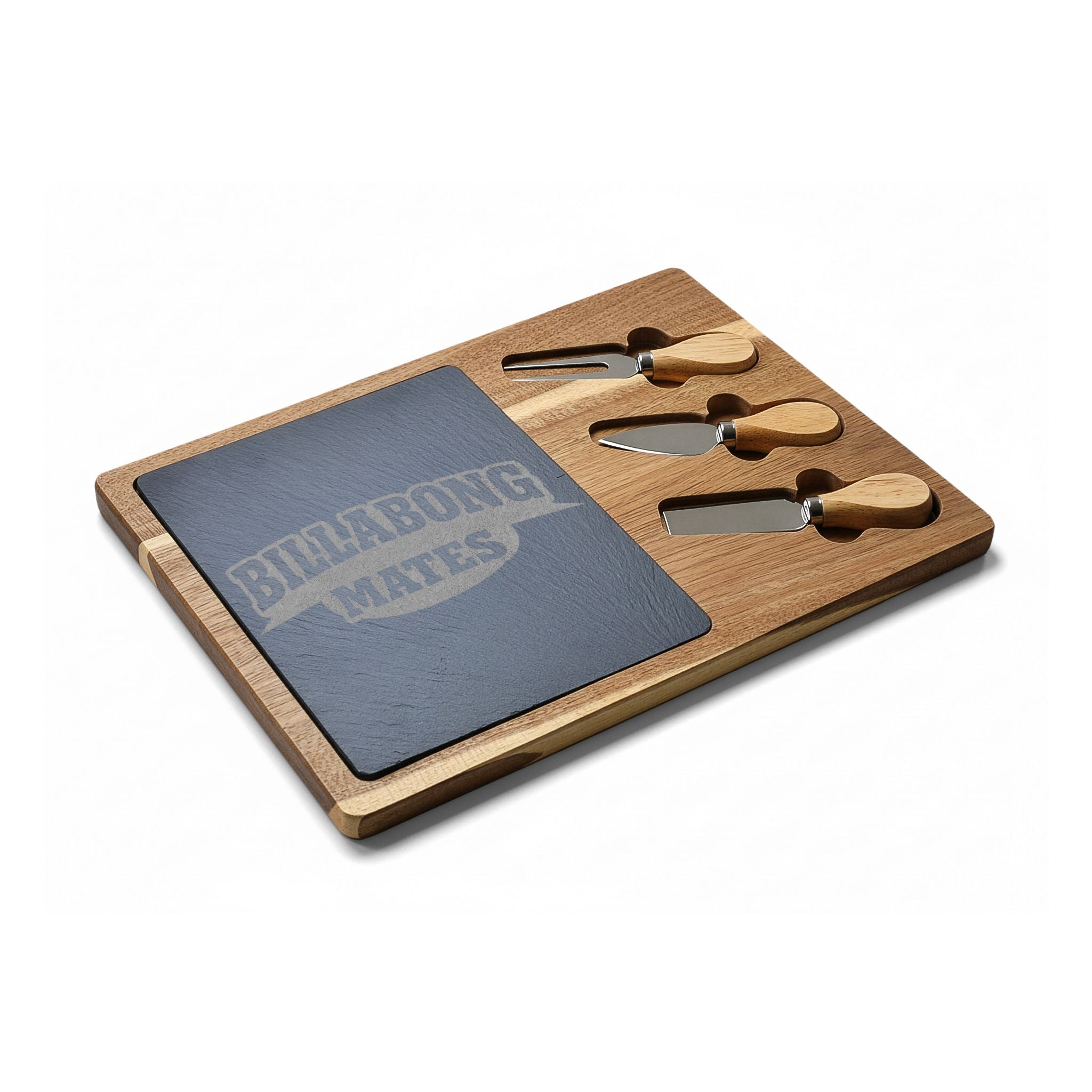 Engraved Acacia Charcuterie Board with Slate Insert & Cheese Knives