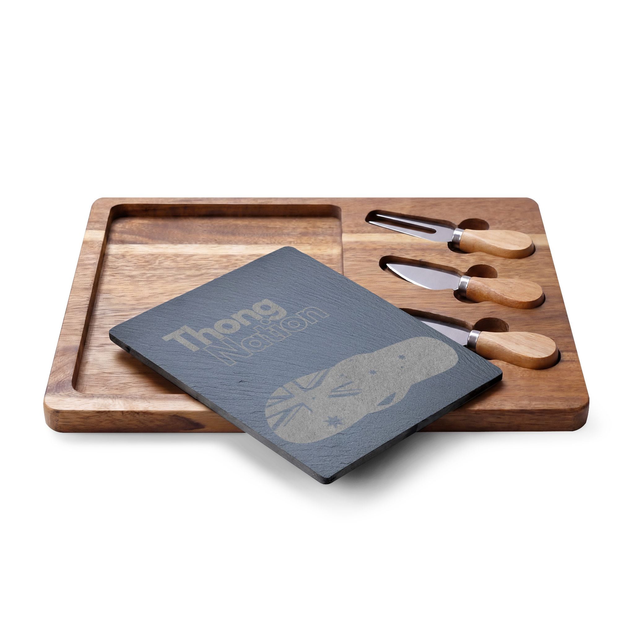 Engraved Charcuterie Board with Slate Insert & Cheese Knives – "Thong Nation" Design