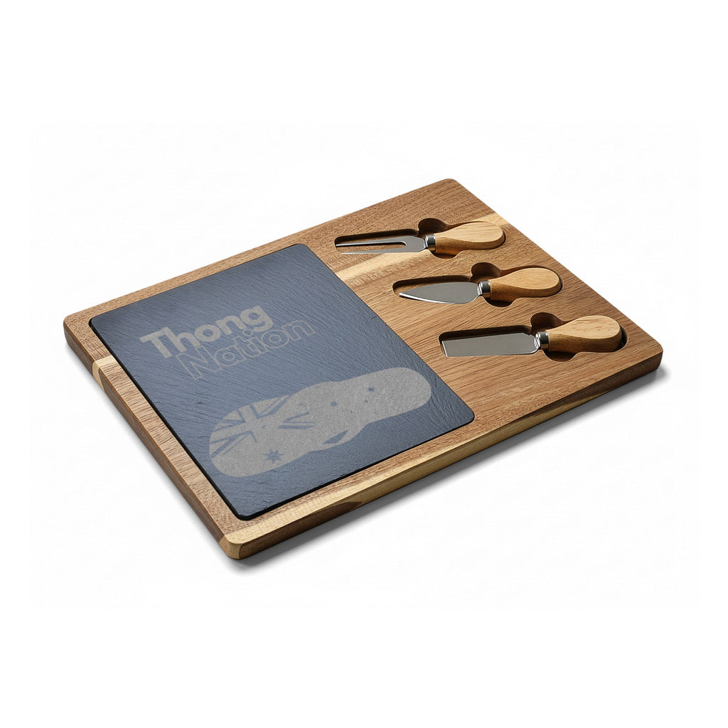Engraved Charcuterie Board with Slate Insert & Cheese Knives – "Thong Nation" Design