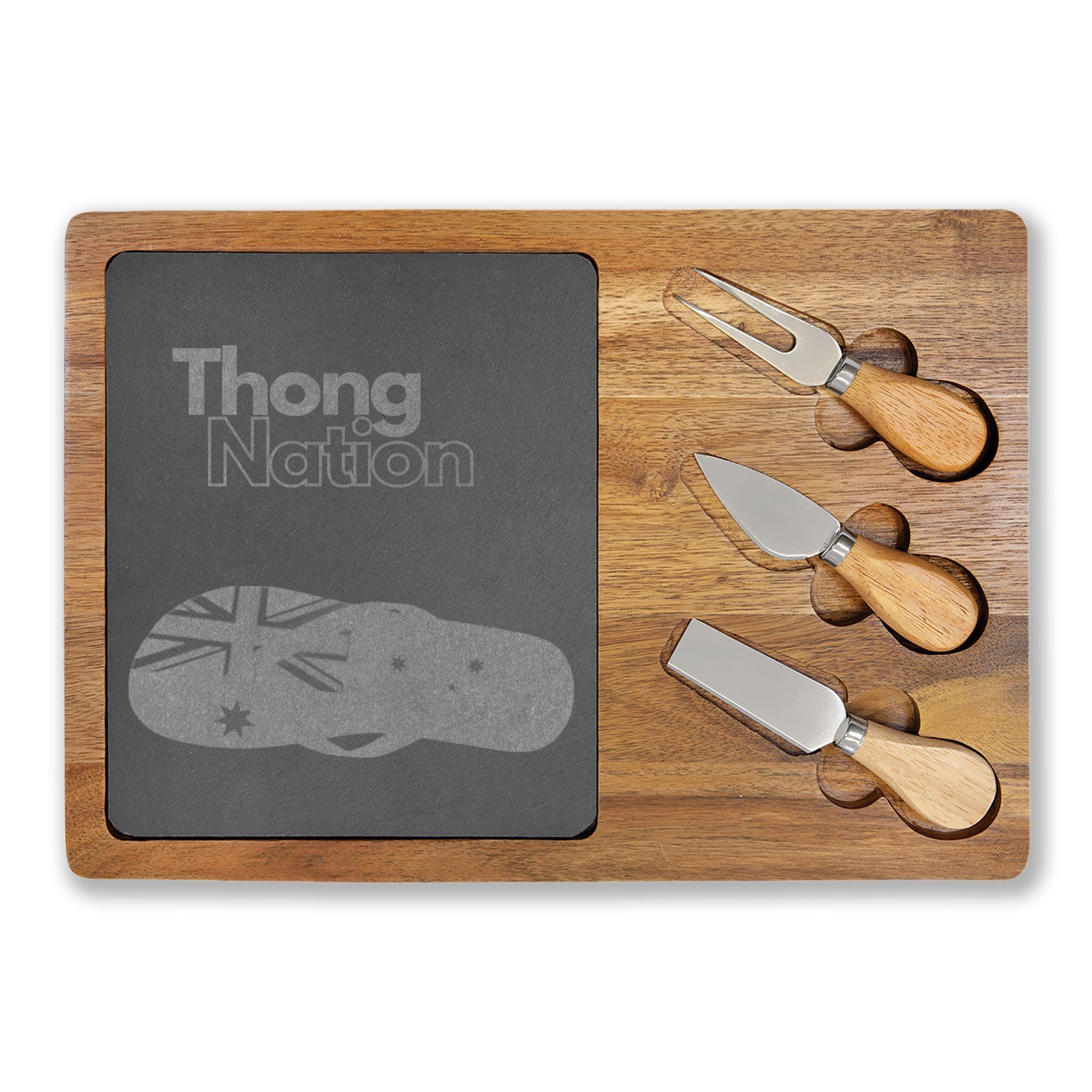 Engraved Charcuterie Board with Slate Insert & Cheese Knives – "Thong Nation" Design