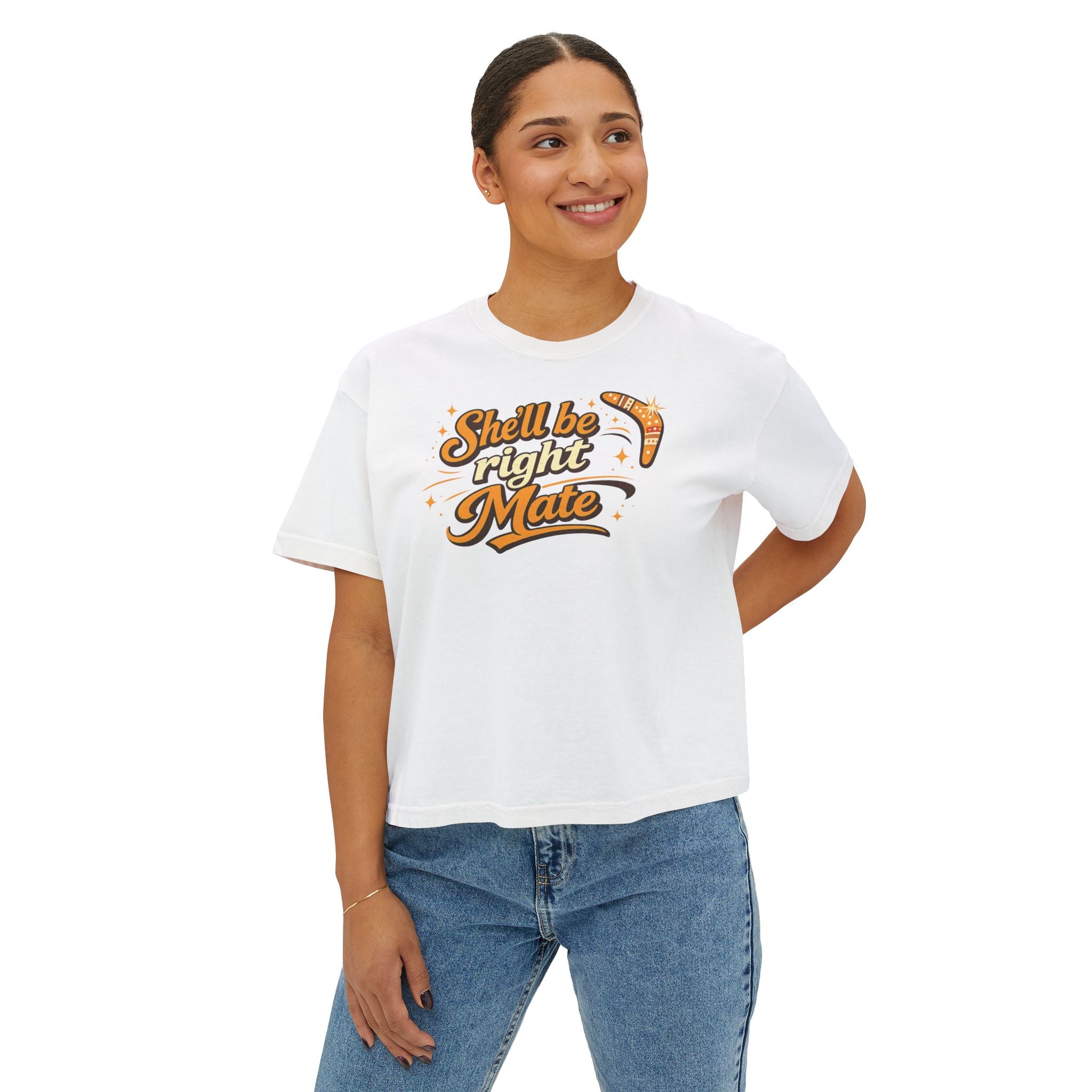 Boxy Tee — “She’ll Be Right Mate” Retro Aussie Graphic Shirt