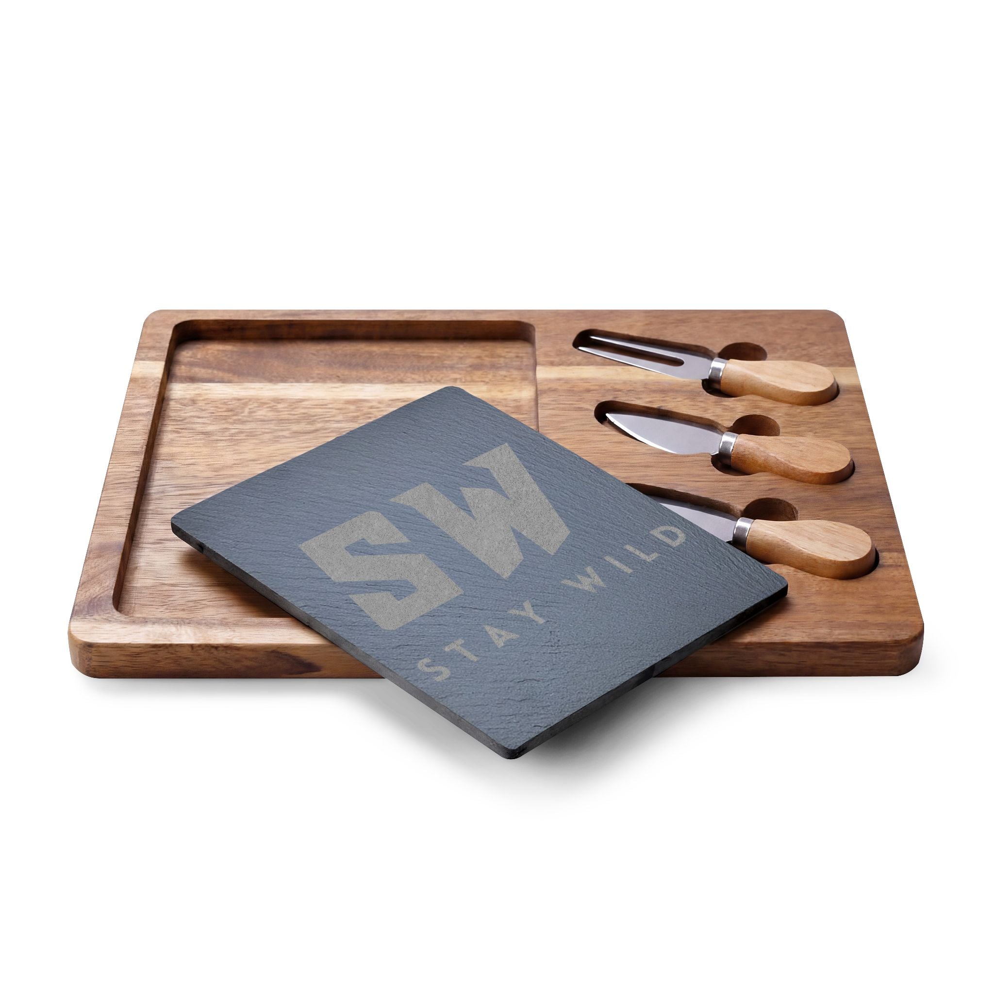 Engraved Acacia Charcuterie Board with Slate Insert & Cheese Knives — "Stay Wild" Design