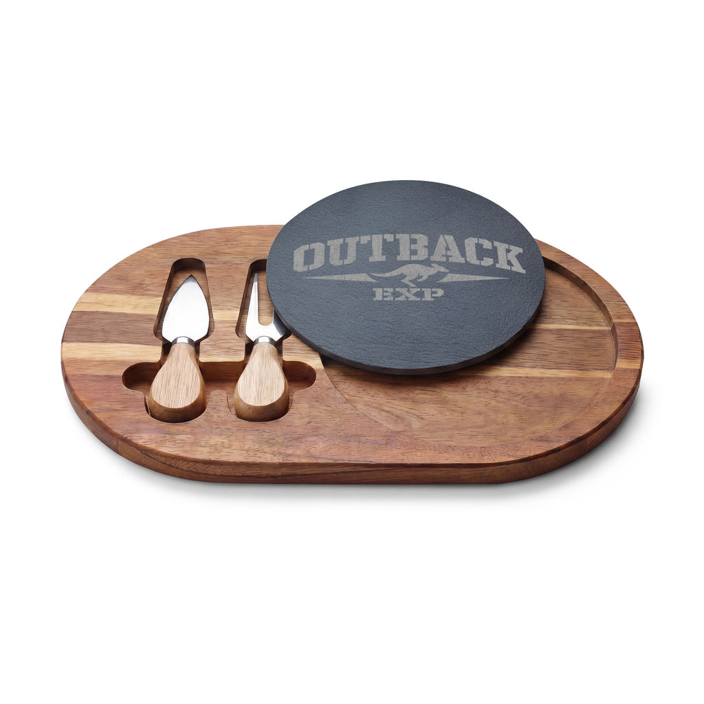 Engraved Acacia Charcuterie Board with Slate Insert & Cheese Tools — 'Outback' Logo