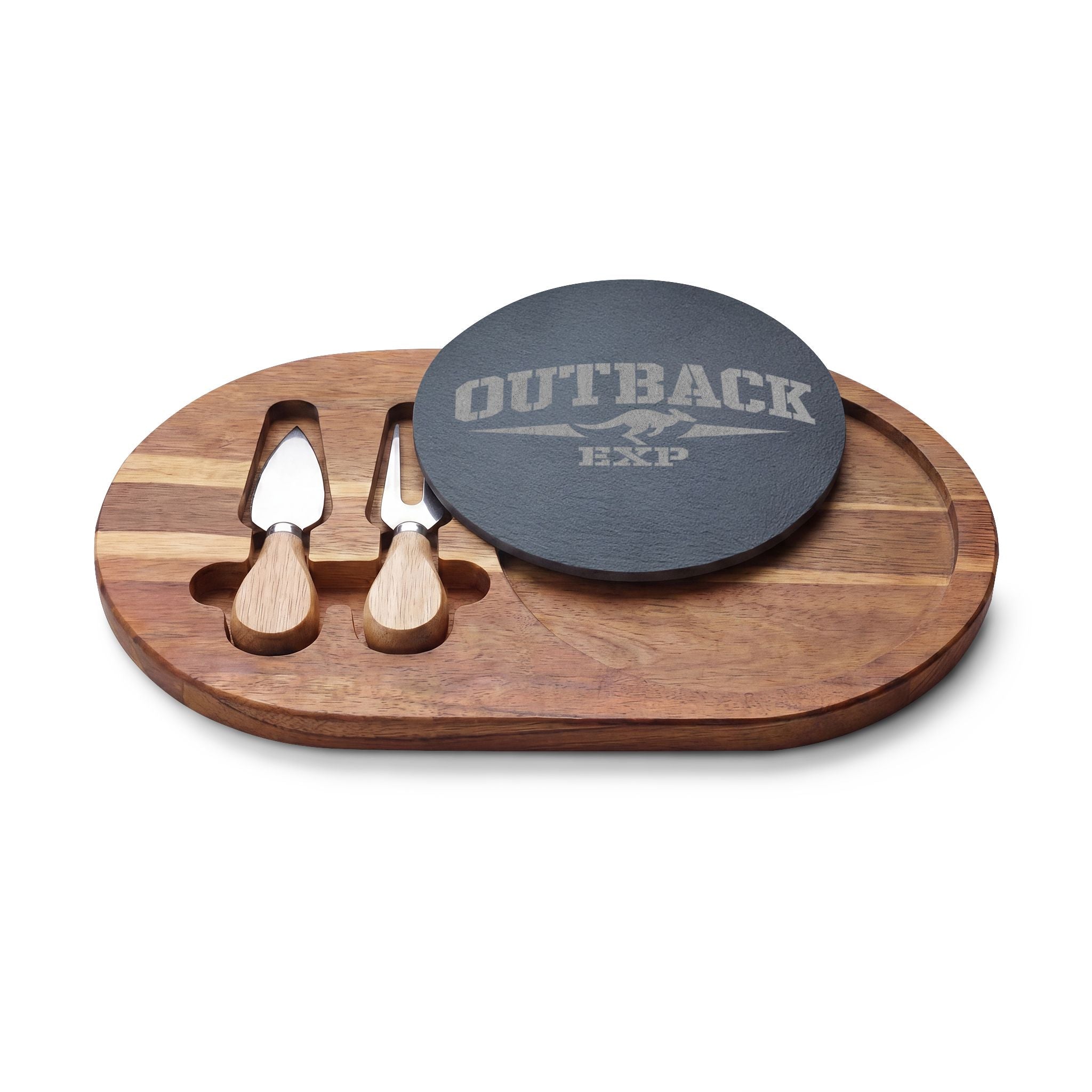 Engraved Acacia Charcuterie Board with Slate Insert & Cheese Tools — 'Outback' Logo
