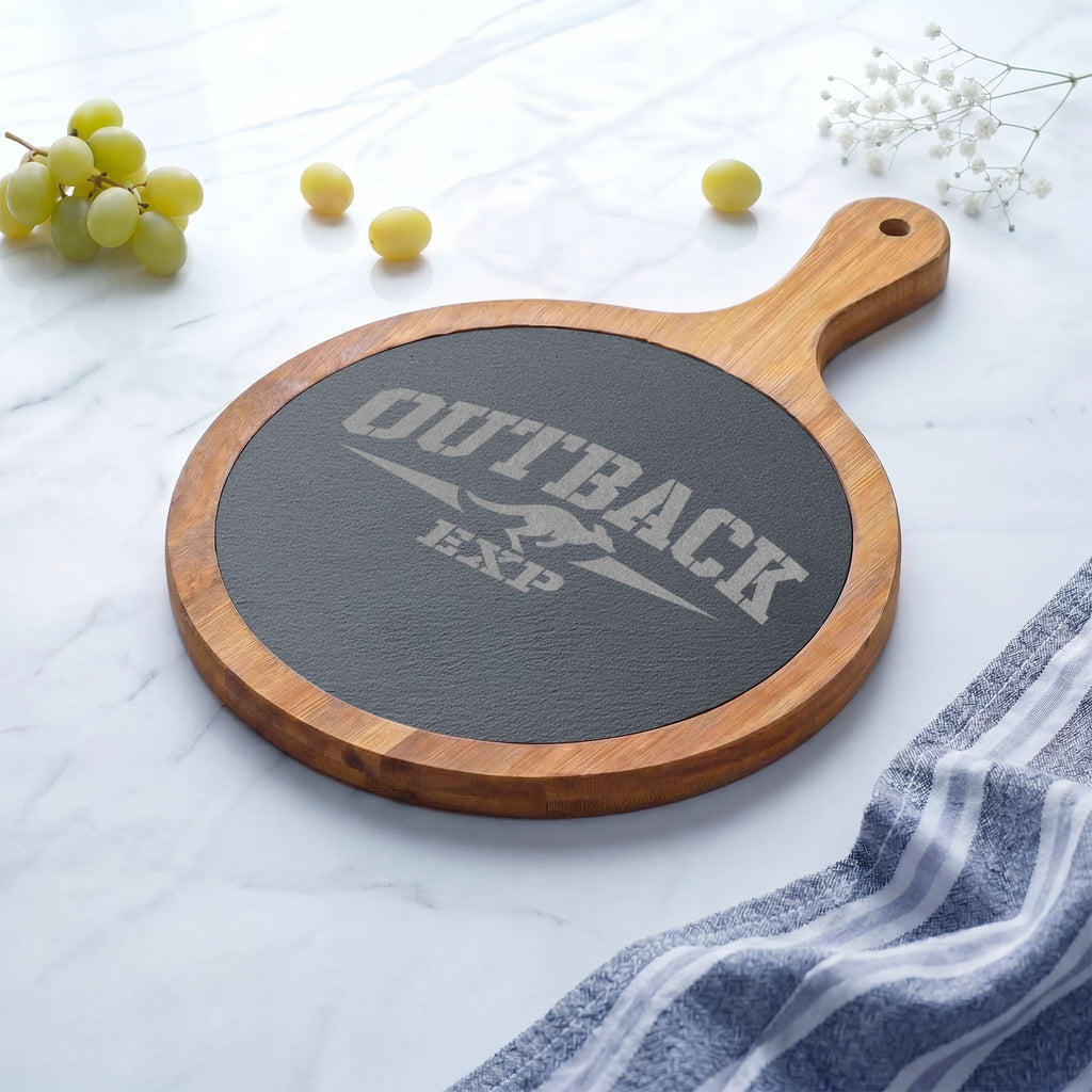 Engraved Acacia Charcuterie Board with Slate Insert & Cheese Tools — 'Outback' Logo