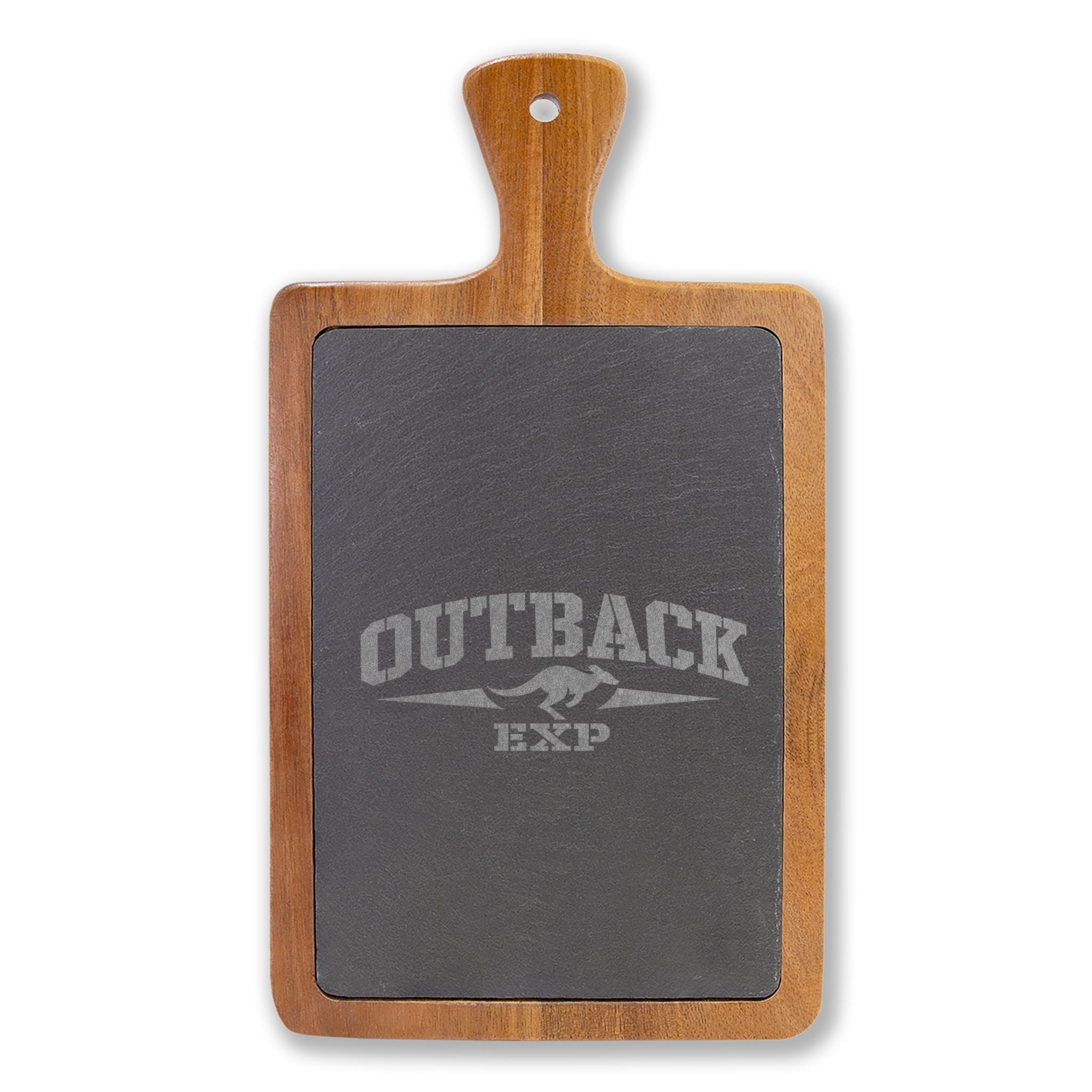 Engraved Acacia Charcuterie Board with Slate Insert & Cheese Tools — 'Outback' Logo