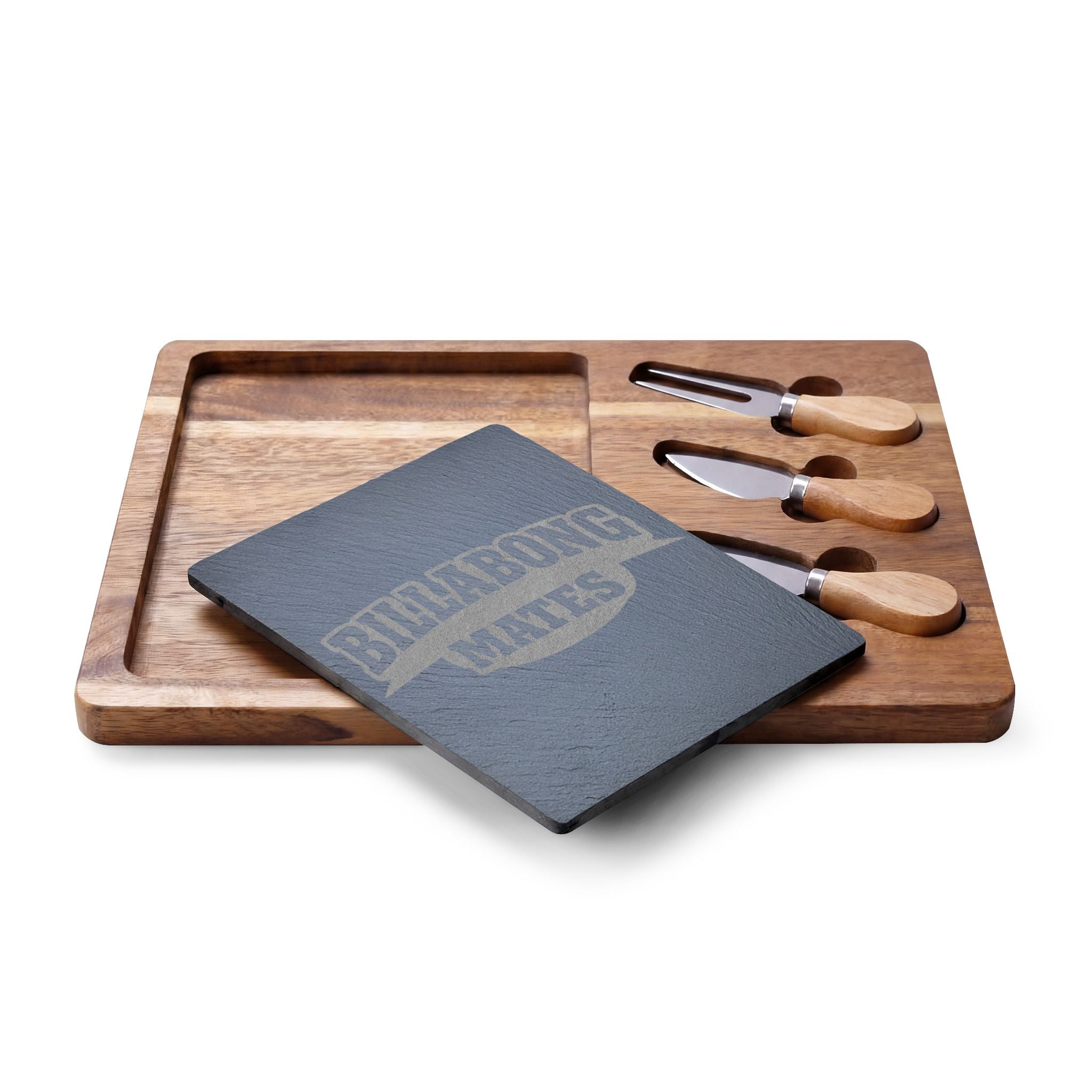 Engraved Acacia Charcuterie Board with Slate Insert & Cheese Knives