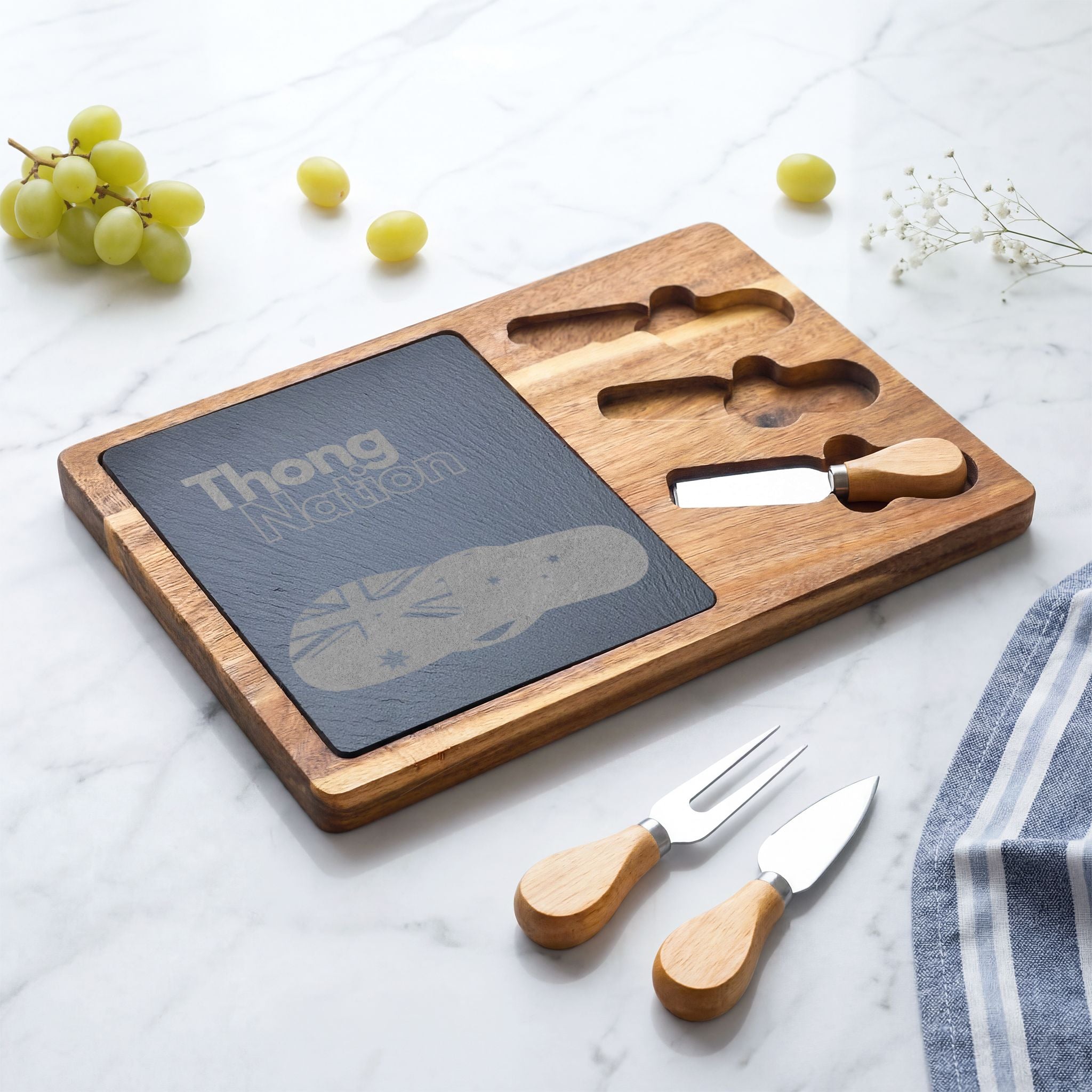 Engraved Charcuterie Board with Slate Insert & Cheese Knives – "Thong Nation" Design