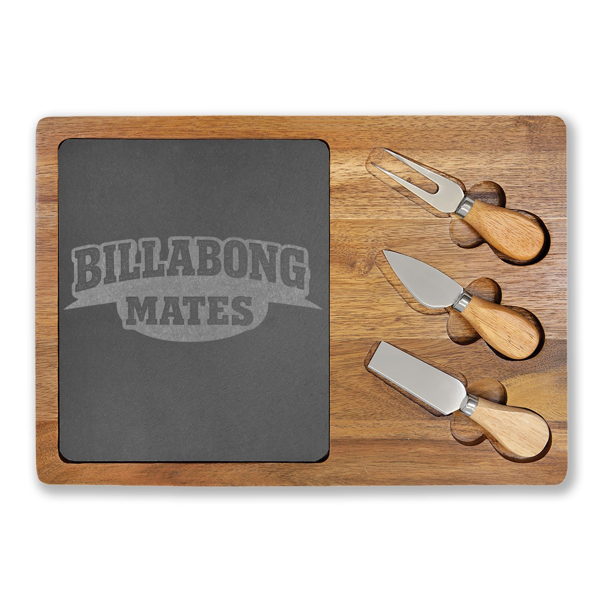 Engraved Acacia Charcuterie Board with Slate Insert & Cheese Knives