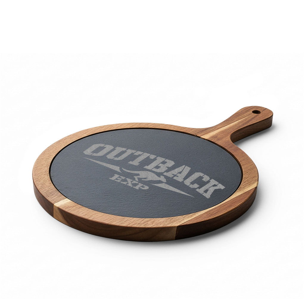 Engraved Acacia Charcuterie Board with Slate Insert & Cheese Tools — 'Outback' Logo