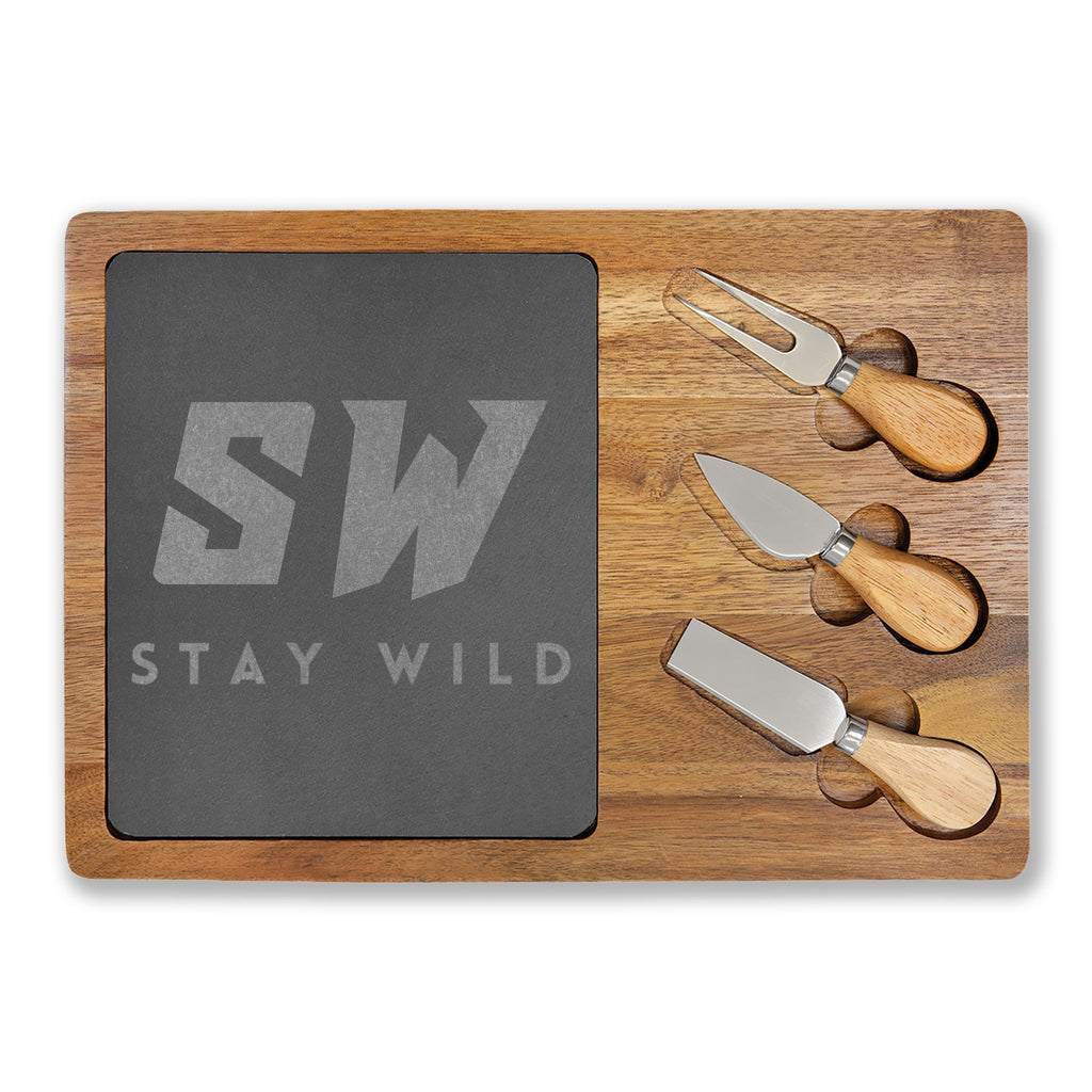 Engraved Acacia Charcuterie Board with Slate Insert & Cheese Knives — "Stay Wild" Design