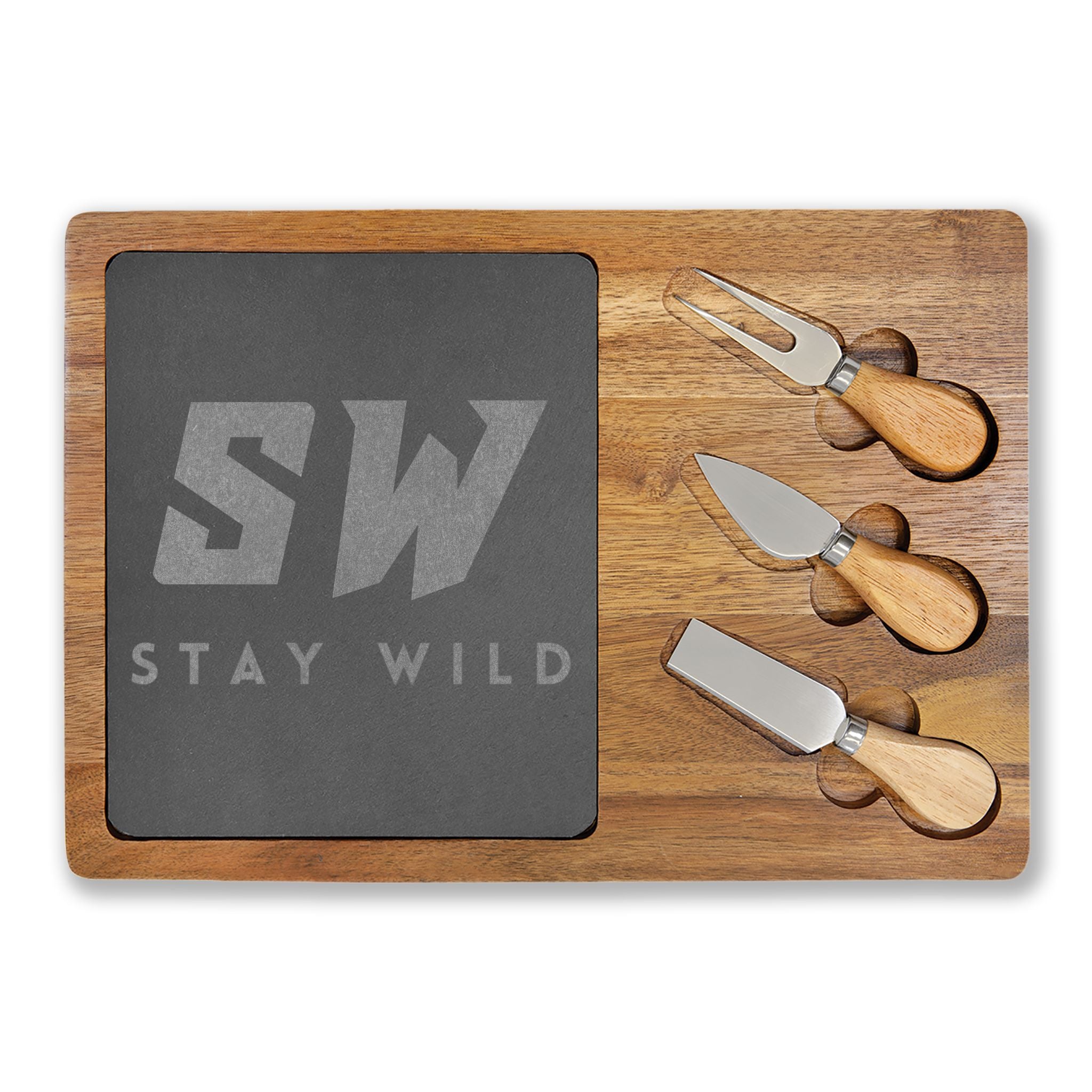 Engraved Acacia Charcuterie Board with Slate Insert & Cheese Knives — "Stay Wild" Design