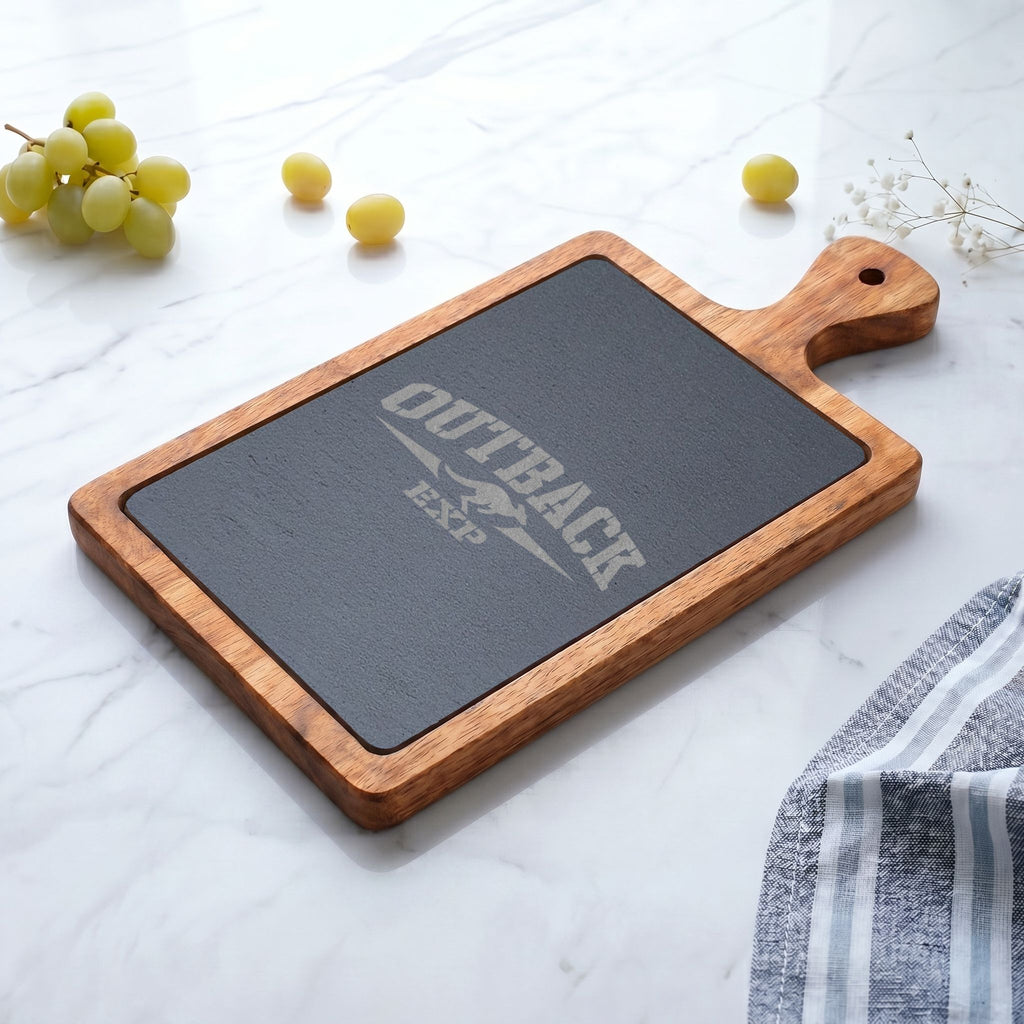 Engraved Acacia Charcuterie Board with Slate Insert & Cheese Tools — 'Outback' Logo