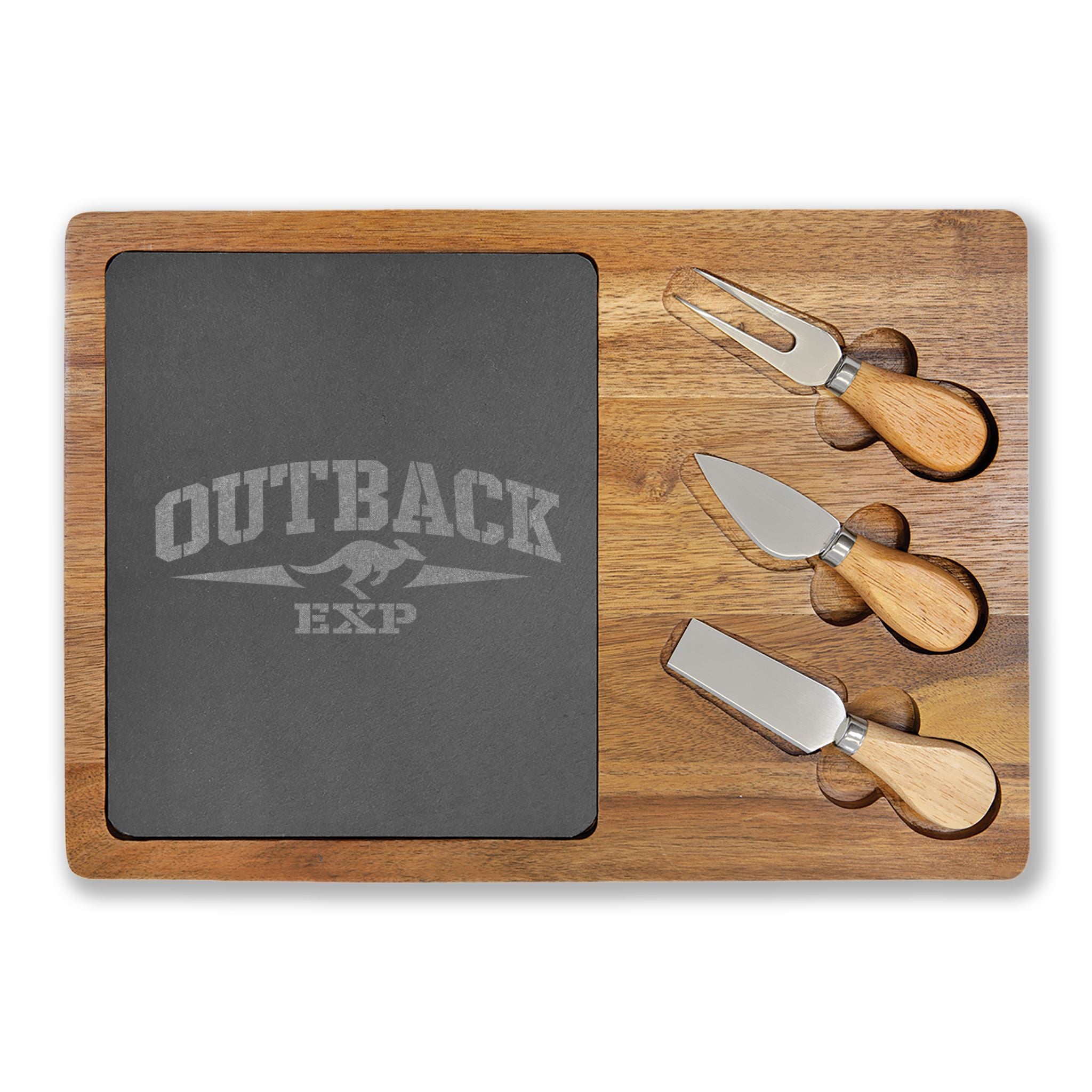 Engraved Acacia Charcuterie Board with Slate Insert & Cheese Tools — 'Outback' Logo