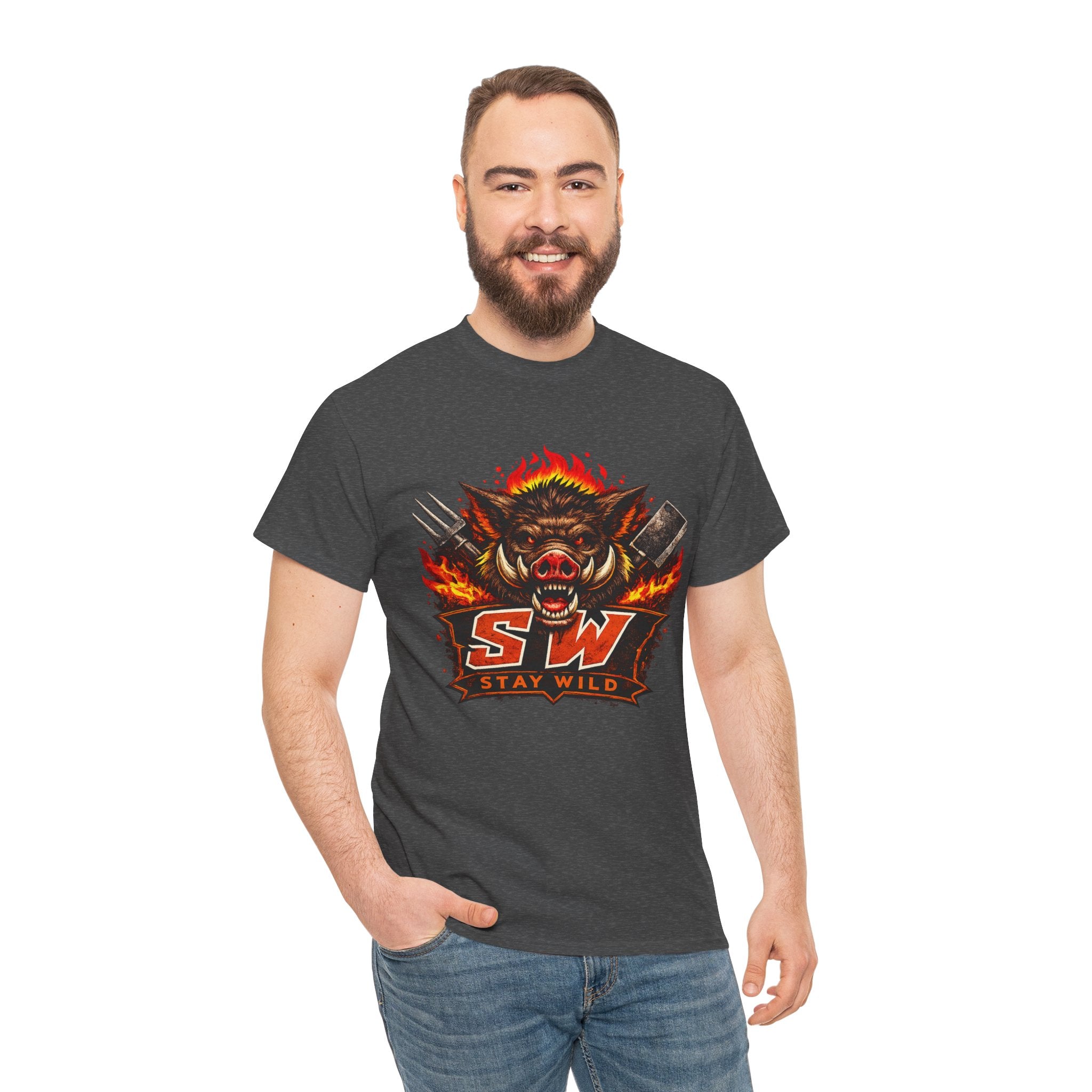 Stay Wild Boar Graphic T Shirt  Fierce Flaming Hog Design