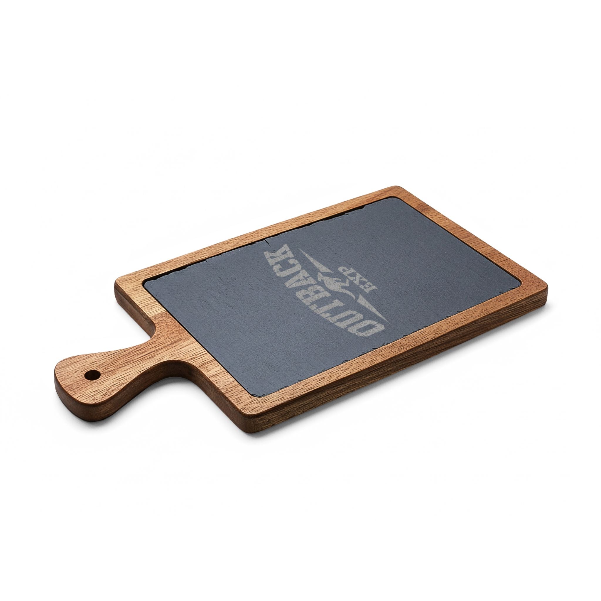 Engraved Acacia Charcuterie Board with Slate Insert & Cheese Tools — 'Outback' Logo
