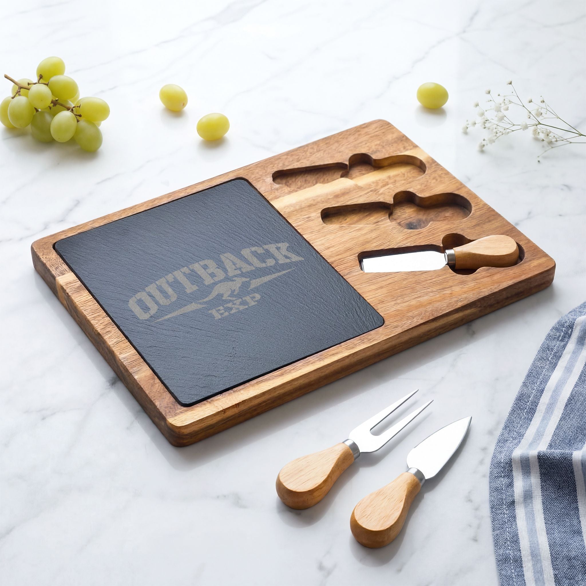 Engraved Acacia Charcuterie Board with Slate Insert & Cheese Tools — 'Outback' Logo