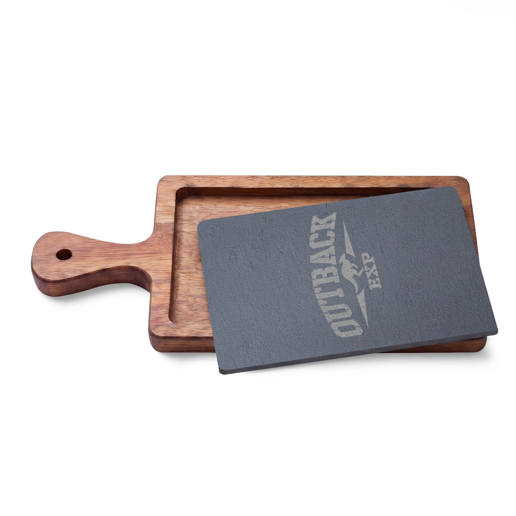 Engraved Acacia Charcuterie Board with Slate Insert & Cheese Tools — 'Outback' Logo