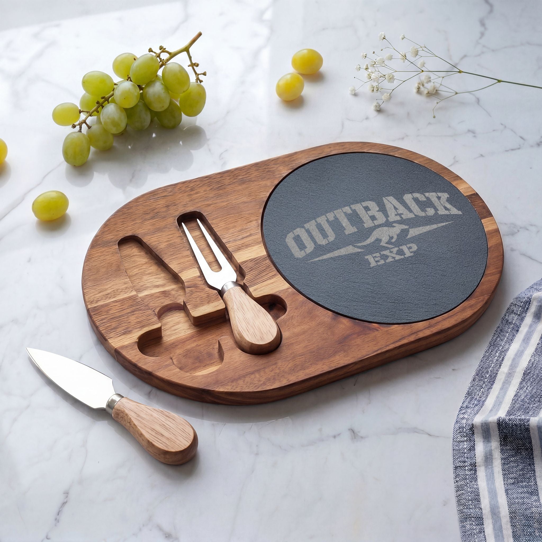 Engraved Acacia Charcuterie Board with Slate Insert & Cheese Tools — 'Outback' Logo